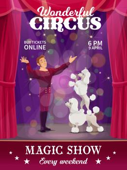 Shapito circus poster, cartoon dog trainer on big top stage. Vector flyer with performers tamer and poodles performing magic show on arena every weekend. Animal doggy artists on scene with trainer
