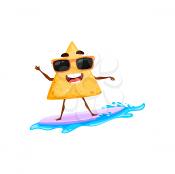 Cartoon mexican nachos chips on summer beach and vacation surfing on surfboard on water waves isolated happy character mascot. Vector tasty fastfood snack surfer, cute emoticon traditional mexico food
