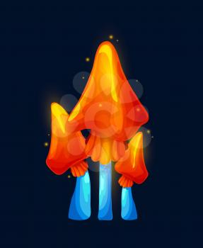 Fantasy magic sparkling red mushrooms, vector alien plant of fairy forest. Fantastic nature fungus with glowing blue stems and shining spores of game user interface, ui or gui design element
