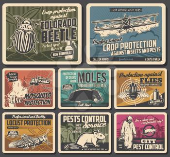 Crop fields and house protection from pests banner. Airplane dusting crops, colorado beetle, locust and mosquito, rat, mouse and mole, fly, pest control worker vector. Pesticides for farm and home