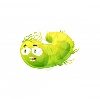 Cartoon virus cell vector icon, cute green bacteria, happy germ character with funny face. Smiling pathogen microbe emoticon, isolated moving micro organism symbol