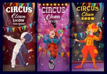 Shapito circus clowns and harlequin characters, funfair carnival performers, vector. Shapito circus or tent funfair carnival show, cartoon clowns and harlequins in wigs on circus stage