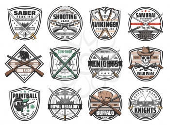 Guns, battle weapon and hunting ammo vector icons. Wild West revolvers, saber fencing emblem, crossed spears sign. Paintball club rifle, Viking axes, knight swords and samurai katana, gangsters guns