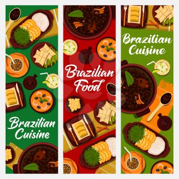 Brazilian cuisine vector lime cocktail caipirinha, sweet corn mush pamonha and chimarrao mate. Black bean stew feijoada, seafood stew moqueca or pork rinds torresmo, orange rice food of Brazil banners