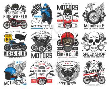 Biker, motorcycle and racing icons. Motorsport club, custom bikes restoration and repair garage service, spare parts shop, bikers festival retro vector emblem. Motorcycle engine, human scull and wings