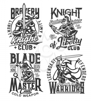 Tshirt prints with knight warriors with sword vector mascots for fighter or cold weapon club apparel design. Medieval knights in helmet with plumage, armor or cape. T shirt prints with typography set