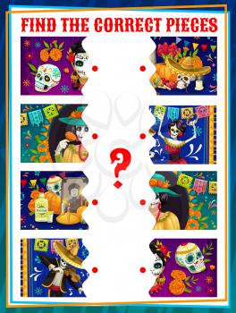 Dia de los muertos find the half kids game, vector riddle connect correct pieces with Mexican Dead day cartoon characters mariachi musicians, sugar skulls and Catrina skeletons. Educational baby test