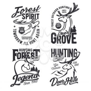 Forest hunting club t-shirt print template with deer. Mule or whitetail deer male head with horns, mountain and spruce thin line vector. Hunting hobby or sport club, hunter apparel print with mascot