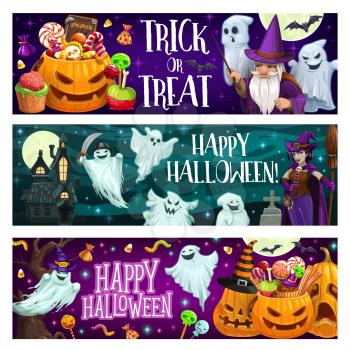 Halloween trick or treat banners with pumpkin, sweets and ghosts. Jack o lantern with candies, sorcerer with magic wand and witch with broom cartoon vector. Happy halloween party spooky posters