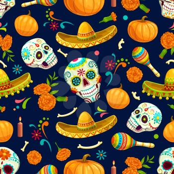 Dia de Los Muertos Mexican seamless pattern. Day of the dead holiday decoration, fabric print or vector background with calavera skulls and bones, sombrero hat, maraca and marigold flowers, pumpkin