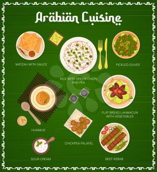 Arabian cuisine meals menu cover. Matzah with sauce, kebab, pickled olives and sour cream, hummus, chickpea falafel and flatbread lahmacun, rice with green onion and pea vector. Arabian dishes banner