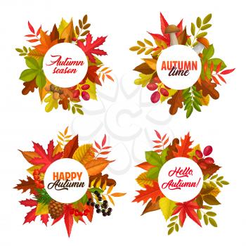 Autumn season vector round frames with fallen leaves of maple, rowan and chestnut, oak and birch trees. Autumnal banners with mushrooms, pine cones, fall berries, typography and colorful foliage set