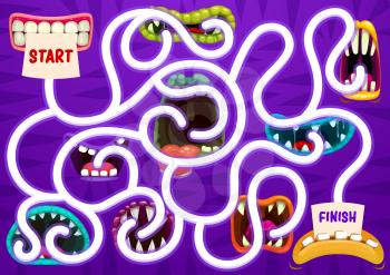 Kids search way game with monsters open toothy maws. Children find path exercise, cartoon vector child labyrinth activity with spooky creatures open mouth with sharp teeth and tongue in saliva