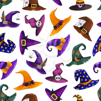 Witch hats vector seamless Halloween pattern. Cartoon wizard headwear, traditional magician caps decorated with spider web, furthers, stripes or stars for sorceress or astrologer. Party costume hats