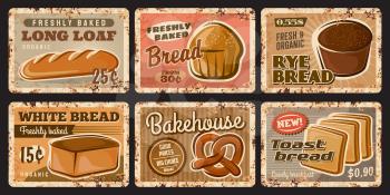Bakery shop and bread rusty plates of food vector design. Wheat and rye bread loaves, baguette, toast, pretzel, cereal flour bun and long loaf bread vintage tin plates of baker shop, bakehouse design