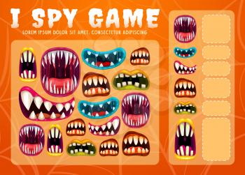 Child I spy game with Halloween monsters teethed maws. Children math activity, educational game or cartoon vector kids exercise with counting task. Scary monsters mouth with fangs in blood and saliva
