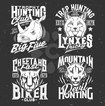 Tshirt prints with cougar puma, cheetah, rhino, mountain lion and lynx heads. Vector mascots for hunting and biker club apparel design. T shirt emblems with roar wild cat animals and typography set
