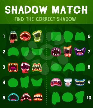 Child shadow matching game with monsters maws. Children playing activity, preschool kids game template. Cartoon vector spooky monsters or mystical creatures open mouths with teeth and sharp fangs