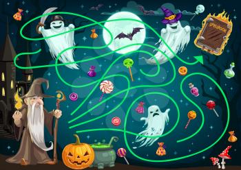 Children search path game with Halloween ghosts, candy and sorcerer character. Child find way activity, cartoon vector kid labyrinth play exercise with wizard, Halloween pumpkin lantern and spellbook