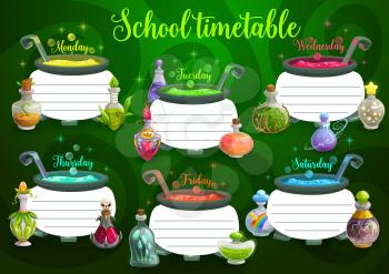 Kid school timetable with witch cauldron and magic potions. Children weekly schedule, child classes daily planner vector template with sorcerer elixirs boiling in cauldrons, fantasy cartoon bottles