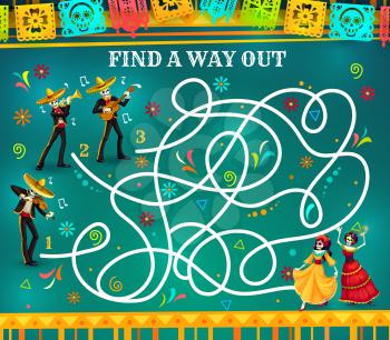 Labyrinth maze game, Dia de los Muertos riddle with skeletons. Kids education vector puzzle, quiz or rebus with find right way task, Mexican Day of the Dead holiday skulls, papel picado and sombreros