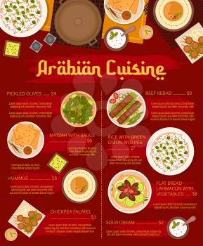 Arabian restaurant meals and dishes menu. Pickled olives, matzah with sauce and hummus, chickpea falafel, kebab and rice with green onion and pea, flatbread lahmacun with vegetables, sour cream vector