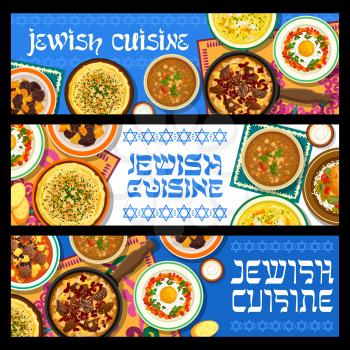 Jewish cuisine vector stuffed chicken breast, hummus, chicken noodle soup and shakshuka. Meatballs with tomato sauce, beef cholent or chickpea soup, lamb lentil stew with dried apricots Jerusalem food