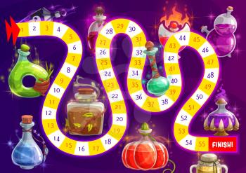 Path board game, puzzle or maze with cartoon vector magic potion bottles. Children dice boardgame with start to finish way of numbered steps, poison jars and love elixir vial, tabletop game design