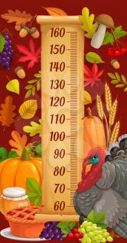 Kids height chart with thanksgiving turkey, harvest and autumn leaves. Child growth vector measure meter with oak acorn, mushroom and pumpkin vegetable, honey, grapes and berries, linden, maple leaves