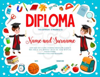 Education diploma with cartoon boy and girl pupils or students, school and sport items. Vector certificate with kids wear alumnus gown and caps holding scrolls. Graduation or award frame template