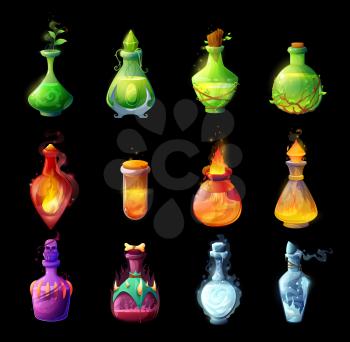 Cartoon potion bottles, magic spells and elixirs glass bubbles. Life, death or plant grow, fire and frosting potions with plant leaves, skull, flame and ice. Fantasy game vector UI, GUI interface icon
