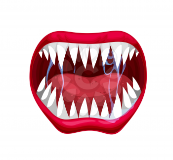Danger monster jaws, mouth, tongue and teeth of vampire, scary beast or devil, horror demon or Dracula. Vector evil beast smile, crazy laugh or screaming lips of Halloween holiday or horror party