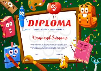 Kids diploma, cartoon school stationery characters. Education vector certificate with funny textbook, pen, apple and pencil sharpener, ruler, palette and backpack with scissors. Award frame template