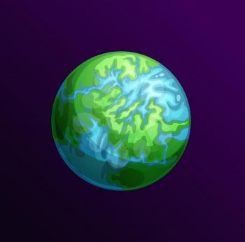 Eco planet with blue waters and green land isolated cartoon sphere. Vector inhabitable comic globe with living nature, explore universe imaginary aliens world. Save Earth concept, clean environment