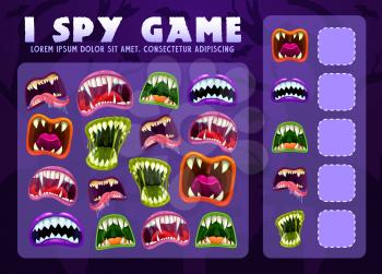 I spy educational game for kids with monster mouths, vector puzzle. Math count worksheet for kindergarten, school, preschool. Counting and numeracy skills or attention development cartoon riddle page