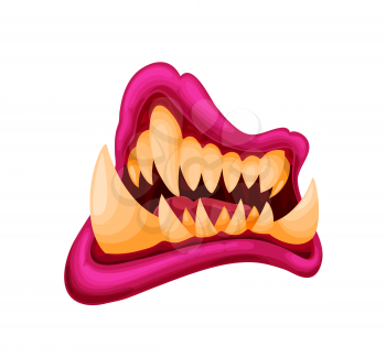 Danger monster jaws with mouth and old yellow teeth. Vector lips, tongue and fangs of screaming or laughing vampire, scary demon or devil, horror beast, zombie, troll or creepy goblin mutant