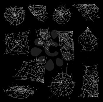 Halloween web, spiderweb or cobweb vector set. Horror spider nets with white corner, circular and spiral webs, creepy thread nets and traps for insects or flies, Halloween holiday cobweb decoration