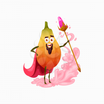 Papaya magician fruit wizard with magic crook in cape isolated cartoon character. Vector smiling emoticon fairy sorcerer, kids children asian pawpaw. Funny exotic food with beard and mustaches on face