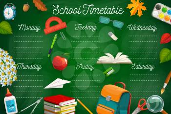 Education timetable with school stationery, schoolbag, textbooks and autumn leaves. Vector class schedule template with cartoon learning items. Kids time table for lessons, weekly planner for student