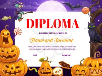 Child diploma or certificate with cartoon Halloween pumpkins. Children kindergarten diploma, kids competition award. Halloween jack-o-lanterns, flying on broom witch and black cat, candy treats