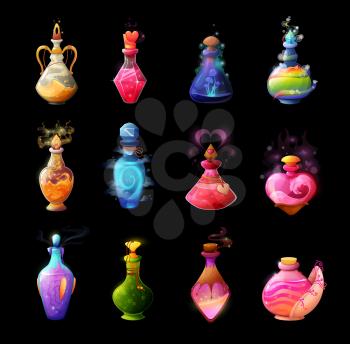 Cartoon potion bottles. Love elixir, magic spell or poison in glass bubble. Witch, sorcerer or wizard potion, fairy drink, flask with mysterious, glowing and boiling liquid, mushroom, heart and smoke