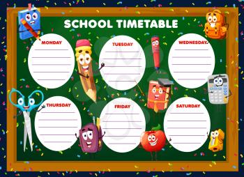 Education timetable schedule with cartoon school stationery characters. Vector weekly classes planner with funny schoolbag, textbook and pencil learning items. Kids lessons time table for students