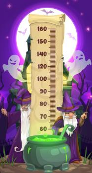 Halloween kids height chart with cartoon wizards and ghosts. Vector growth measure meter sticker with ruler scale on parchment scroll, scary magicians, bats and ghosts, haunted house, potion cauldron