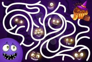 Kids find way game with halloween monsters smiling faces and sweets. Children search path playing activity, labyrinth with cartoon vector glowing in darkness creepy creature eyes, muffin and candy