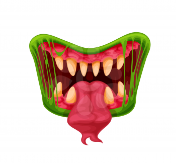Green monster jaws. Mouth, teeth and tongue of cartoon Halloween creepy creature or dangerous beast. Vector maw with sharp fangs in green slime or saliva and long forked tongue