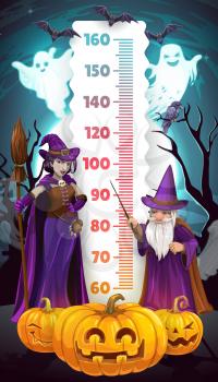 Halloween kids height chart, cartoon witch and wizard growth measure meter. Vector children stadiometer and ruler meter wall sticker template with horror magicians, scary pumpkins, ghosts and bats