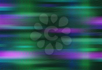 Old TV glitch noise screen rainbow background. Broken TV effect, video file error problem and and display fail vector backdrop with RGB pixels grid, green and violet lines wave, distortion effect