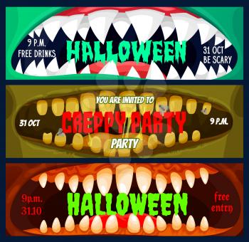 Halloween club party banners, entrance passes template. Creepy monsters toothed maws with sharp fangs in saliva vector. Halloween celebration party posters with spooky typography