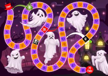 Kids Halloween board game with ghosts. Child playing activity, children roll and vector move boardgame with spooky old house and flying cartoon ghosts characters, Halloween treats candy and frog