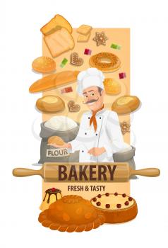 Baker chef with bread and sweet buns. Smiling chef in toque, bagel, sandwich bread, loaf and cake, pudding and korovai, flour in sack and rolling pin, cookie and marmalade vector. Bakery shop dessert